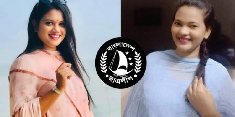 ইডেন কলেজ শাখা ছাত্রলীগের সভাপতি তামান্না জেসমিন রিভা (বাঁয়ে) ও সাধারণ সম্পাদক রাজিয়া সুলতানা (ডানে)। ছবি: সংগৃহীত