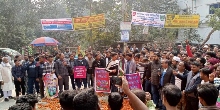 বর্ধিত ভ্যাট-শুল্ক প্রত্যাহারের দাবিতে নাটোরে মহাসড়কে টমেটো ফেলে সড়ক অবরোধ বিক্ষোভ ও মানববন্ধন