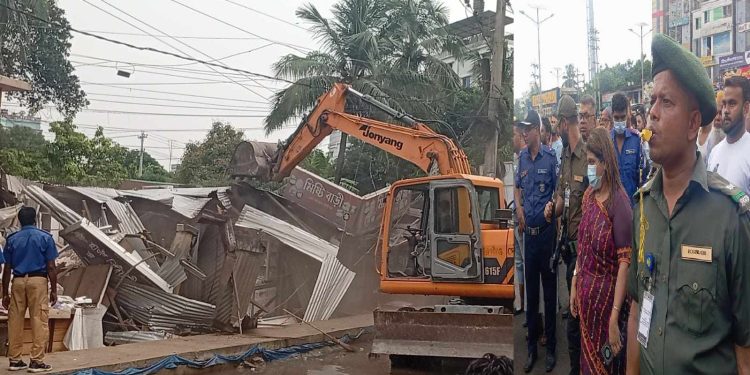 সোনারগাঁওয়ে ঢাকা-চট্টগ্রাম মহাসড়কের পাশে পাঁচ শতাধিক অবৈধ স্থাপনা উচ্ছেদ
